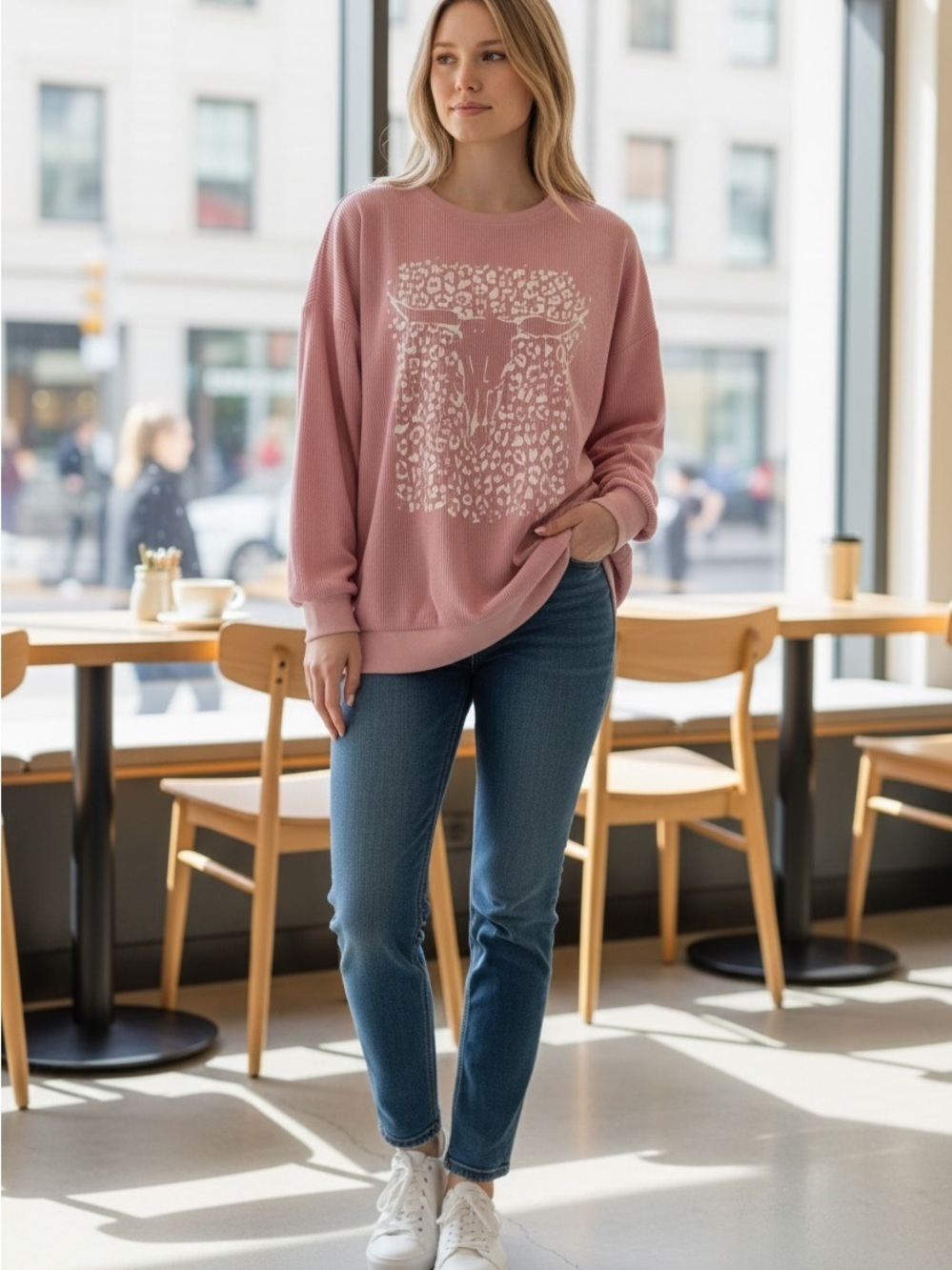 SHEIN Pink Leopard Bull Print Crewneck Sweatshirt